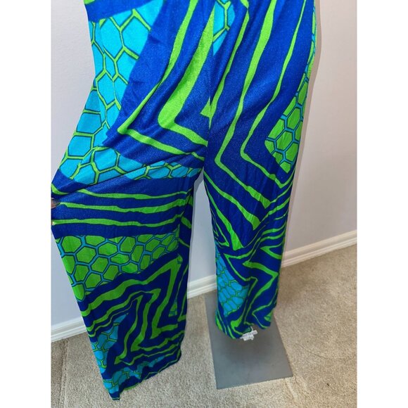 Vtg 70s Kamehameha Blue Green Abstract Geometric Hawaiian Pants Wide Leg Large - Picture 2 of 7